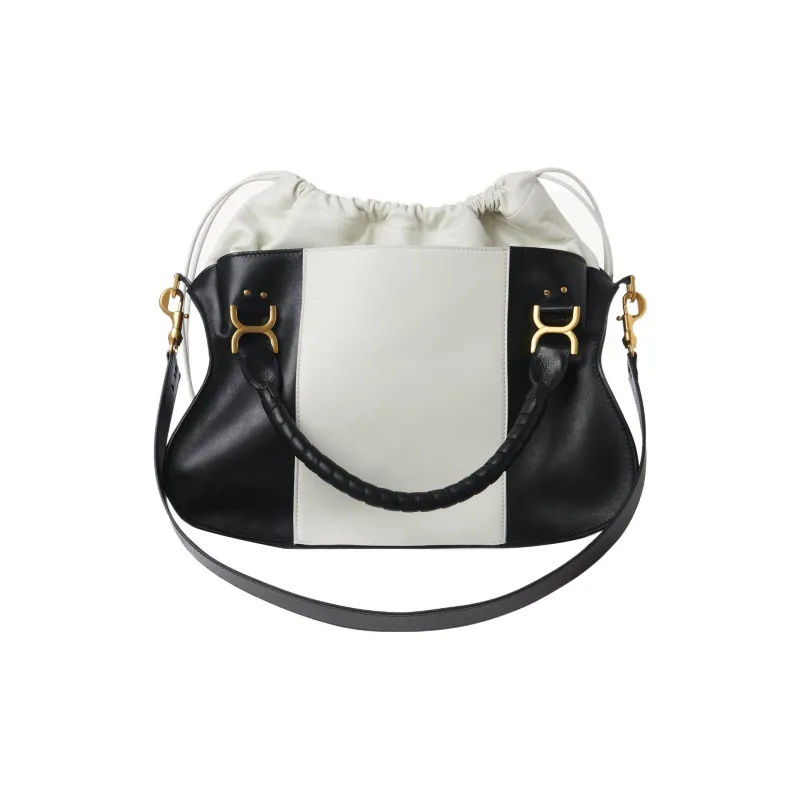 Chloe Marcie Calfskin Combined With Lambskin One Shoulder Handbag Crossbody Bag Large Size Women's White/Black-3