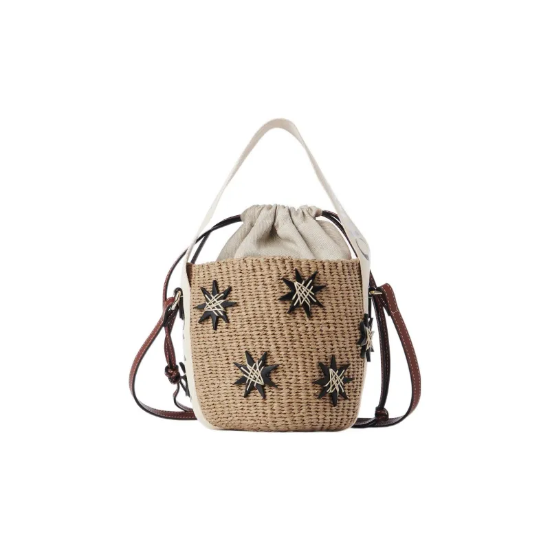 Chloe Woody Embroidered Cow Leather Basket Bag Shoulder Bag Crossbody Bag Handbag Small Size Women's Brown-0