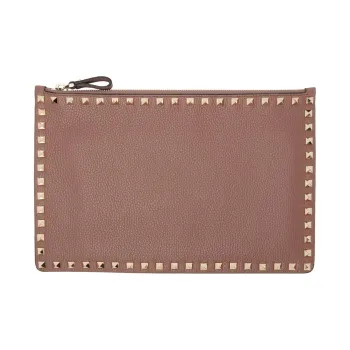 Valentino Rockstud Grained Cow Leather Clutch Large Size Women's Dark Pink