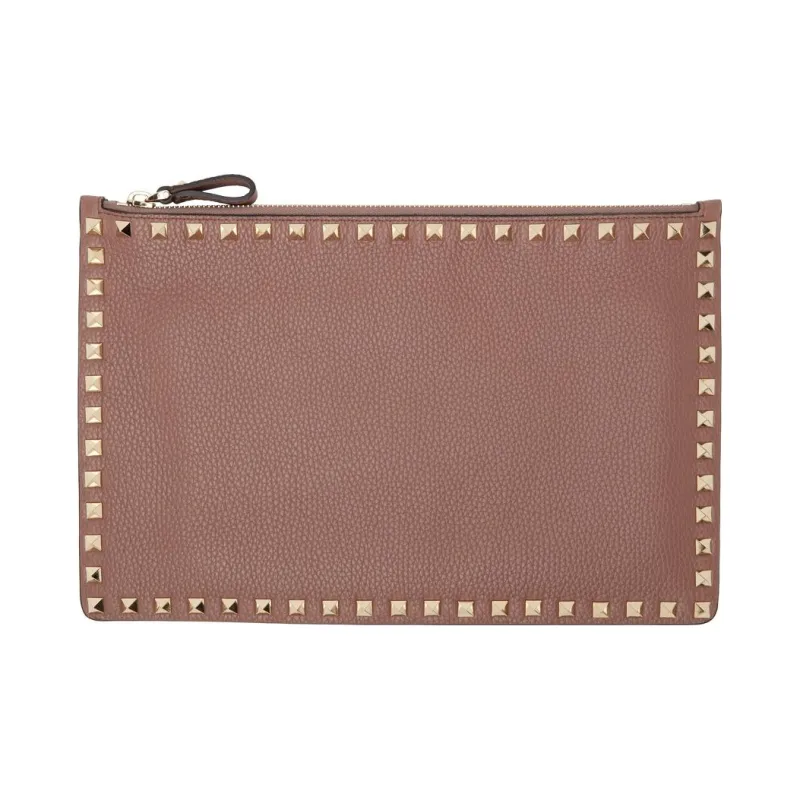 Valentino Rockstud Grained Cow Leather Clutch Large Size Women's Dark Pink-0