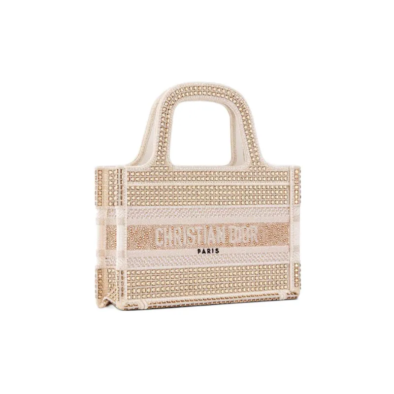 DIOR BookTote Faux Crystal Embroidery Tote Bag Shopping Bag Handbag Mini Women's Gold-1