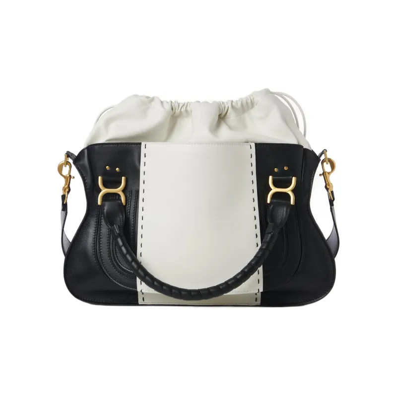 Chloe Marcie Calfskin Combined With Lambskin One Shoulder Handbag Crossbody Bag Large Size Women's White/Black-0