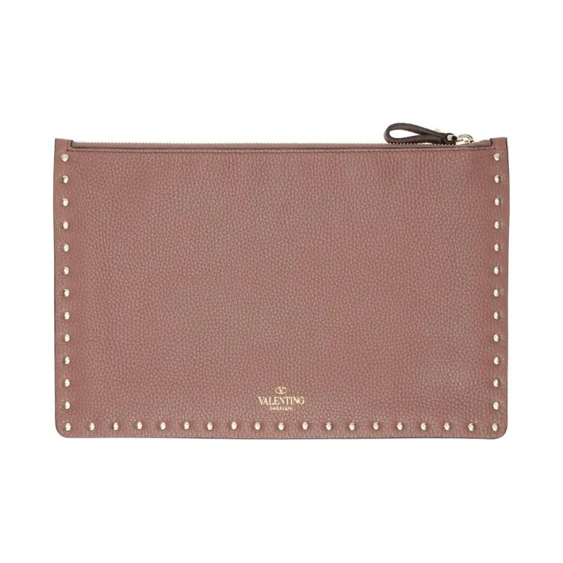 Valentino Rockstud Grained Cow Leather Clutch Large Size Women's Dark Pink-1