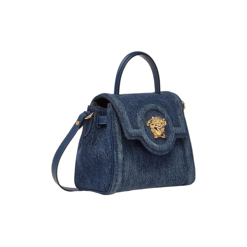 VERSACE La Medusa Cotton With Small Cow Leather Detail Shoulder Bag Crossbody Bag Handbags Small Size Women's Blue-2