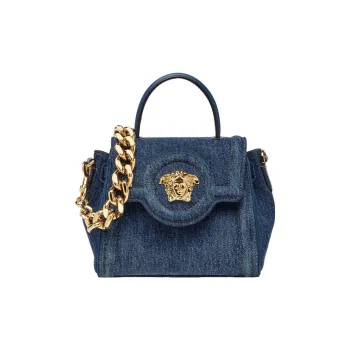 VERSACE La Medusa Cotton With Small Cow Leather Detail Shoulder Bag Crossbody Bag Handbags Small Size Women's Blue