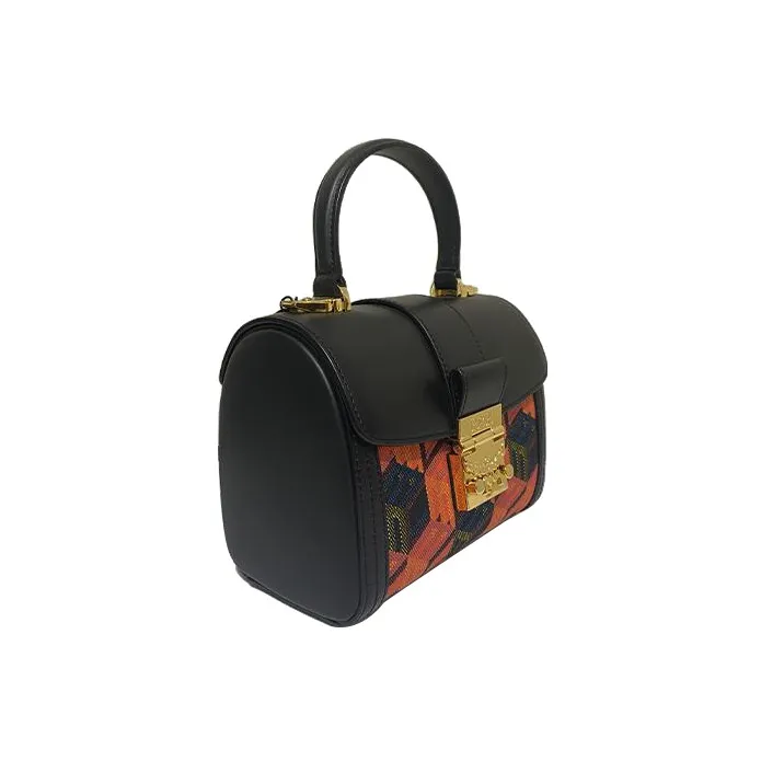 MCM Jacquard Fabric With Cow Leather One Shoulder Handbag Trumpets Women's Black, Red & Multicolor-1