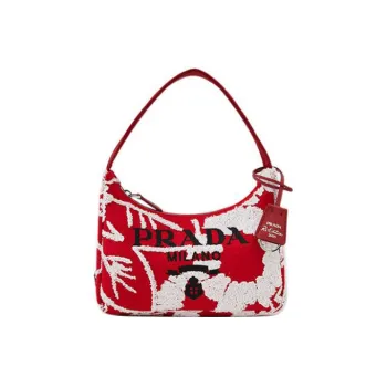 PRADA Re Edition Fabric Embroidery Detail Hobo Shoulder Bag Handbag Regular Women's Red