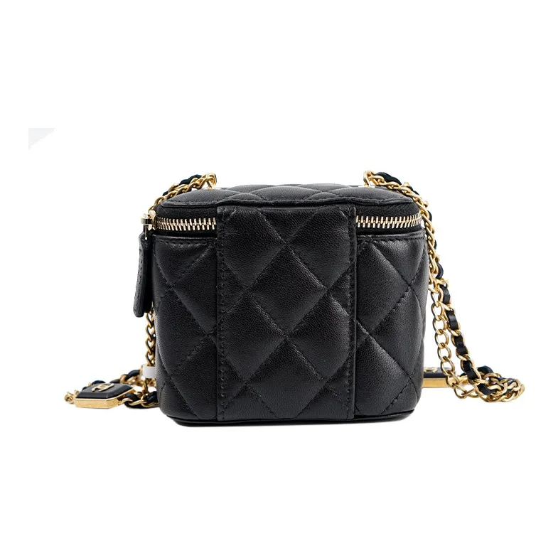 CHANEL 22BFW Sheepskin Box Bag, Makeup Bag, Shoulder Bag, Crossbody Bag Trumpets Women's Black-2