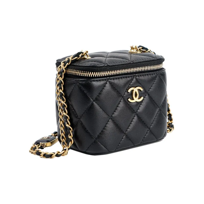 CHANEL 22BFW Sheepskin Box Bag, Makeup Bag, Shoulder Bag, Crossbody Bag Trumpets Women's Black-1