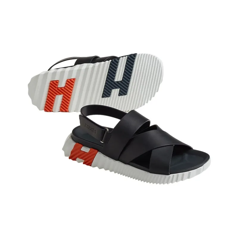 HERMES Electric One Strap Sandals Men's Black-4