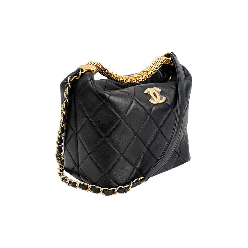CHANEL Sheepskin Hobo Bag, Lunch Bag, Shoulder Bag, Crossbody Bag, Handbag Women's Black-1