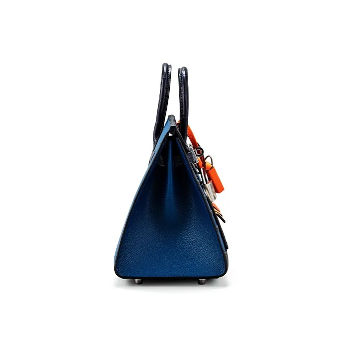 HERMES Birkin Cow Leather With Crocodile Leather Accents Blue House Bag Birkin Bag Handbag Regular Women's Blue-3