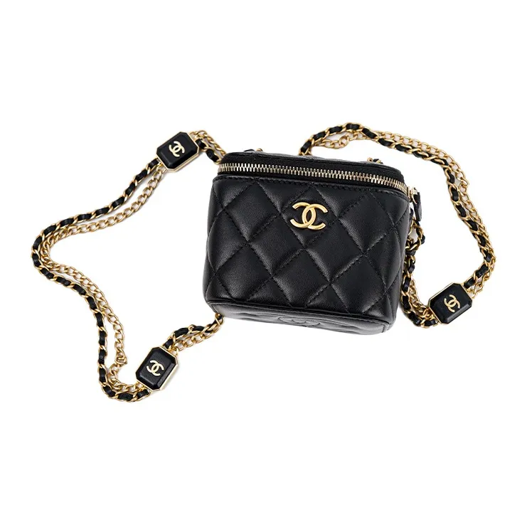 CHANEL 22BFW Sheepskin Box Bag, Makeup Bag, Shoulder Bag, Crossbody Bag Trumpets Women's Black-4