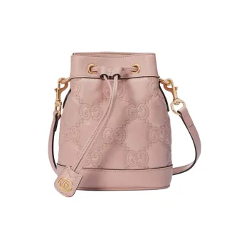 GUCCI GG Matelassé Leather Drawstring Bucket Bag Shoulder Bag, Crossbody Bag Mini Women's Pink