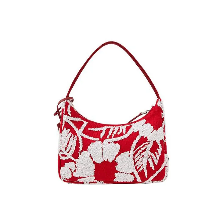 PRADA Re Edition Fabric Embroidery Detail Hobo Shoulder Bag Handbag Regular Women's Red-2