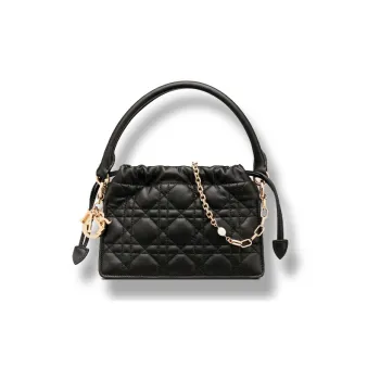 DIOR Lady Dior Wicker Pattern Sheepskin Drawstring Bag Shoulder Bag Crossbody Bag Handbag Mini Women's Black