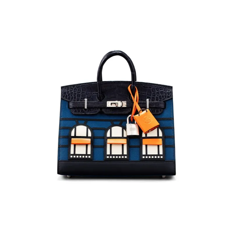 HERMES Birkin Cow Leather With Crocodile Leather Accents Blue House Bag Birkin Bag Handbag Regular Women's Blue-0