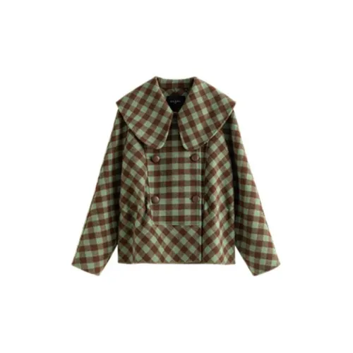 Solitary Cropped Coats Women's Green Coffee Plaid