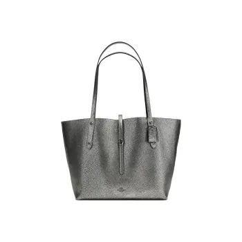COACH Market Tote Pebbled Leather Handbag, Shoulder Bag Tubas Women's Gray Silver