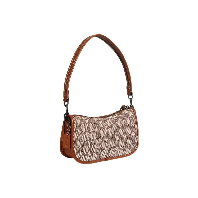 COACH Swinger Jacquard Fabric With Gloves Tanned Leather Handbag Shoulder Bag Women's Amber-1