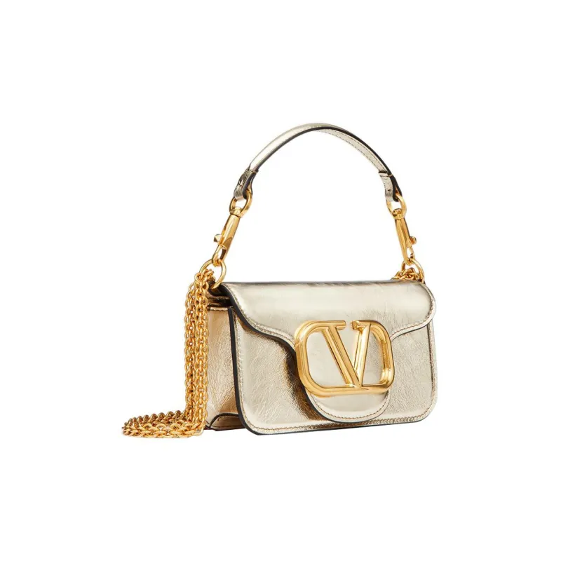 Valentino Locò Metal Texture Calfskin Shoulder Bag, Crossbody Bag, Handbag Mini Women's Platinum-1