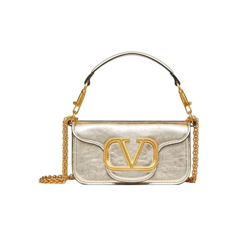 Valentino Locò Metal Texture Calfskin Shoulder Bag, Crossbody Bag, Handbag Mini Women's Platinum-0