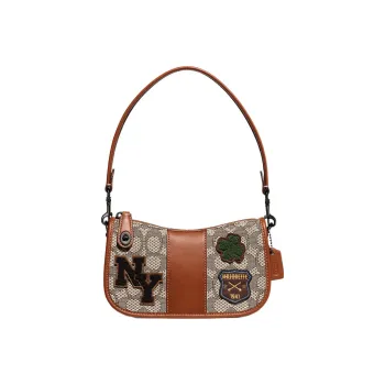 COACH Swinger Jacquard Fabric With Gloves Tanned Leather Handbag Shoulder Bag Women's Amber