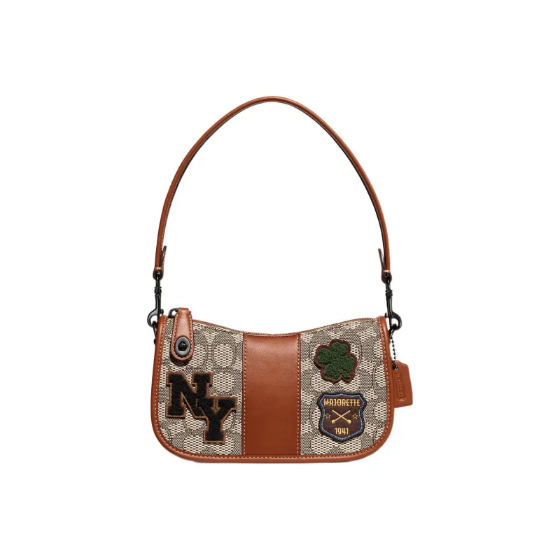 COACH Swinger Jacquard Fabric With Gloves Tanned Leather Handbag Shoulder Bag Women's Amber-0