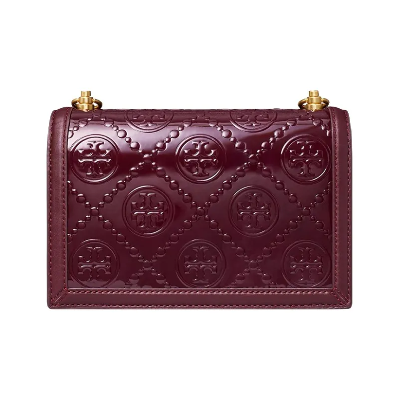 TORY BURCH T Monogram Patent Leather Studded Leather Trim Crossbody Bag Shoulder Bag Women's Burgundy-3