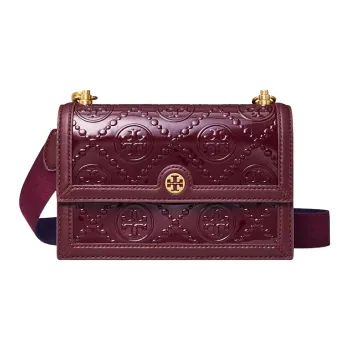 TORY BURCH T Monogram Patent Leather Studded Leather Trim Crossbody Bag Shoulder Bag Women's Burgundy