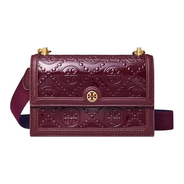 TORY BURCH T Monogram Patent Leather Studded Leather Trim Crossbody Bag Shoulder Bag Women's Burgundy-0