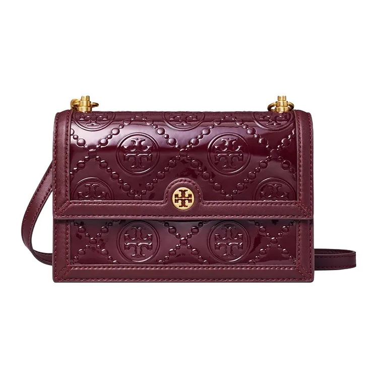 TORY BURCH T Monogram Patent Leather Studded Leather Trim Crossbody Bag Shoulder Bag Women's Burgundy-1