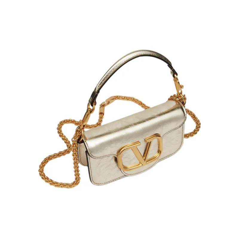 Valentino Locò Metal Texture Calfskin Shoulder Bag, Crossbody Bag, Handbag Mini Women's Platinum-4