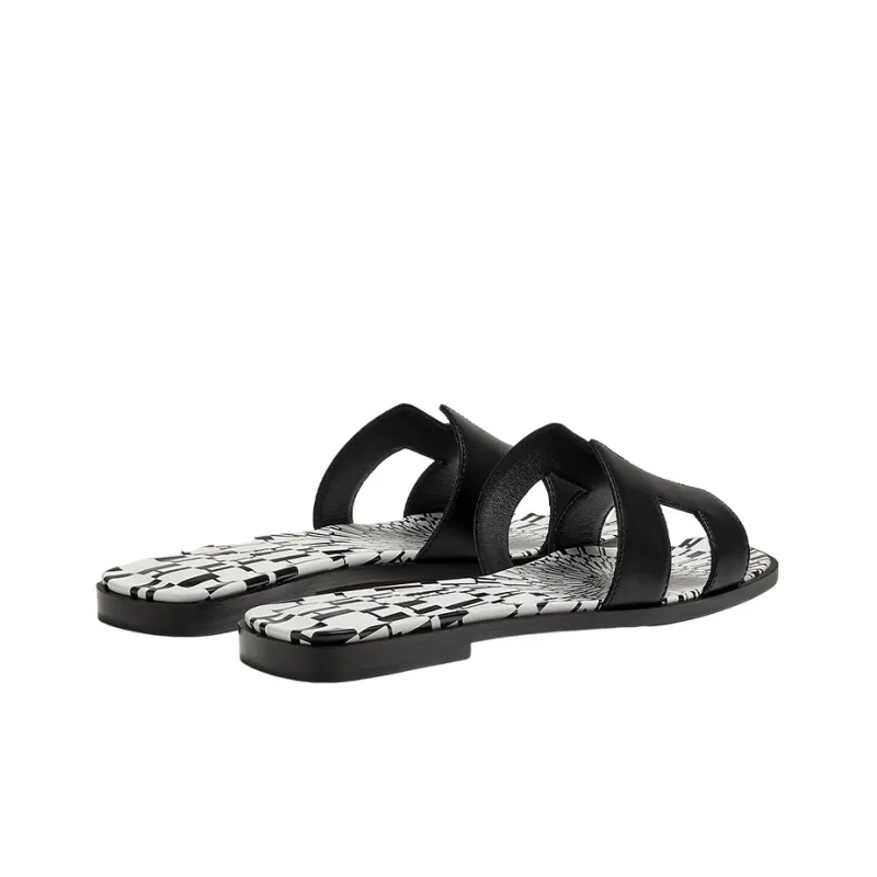 HERMES Oran Sandal Print Noir Calfskin Leather-2