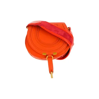 Chloe Marcie Smooth Shiny Calfskin Saddle Bag Shoulder Bag Crossbody Bag Small Size Women's Orange