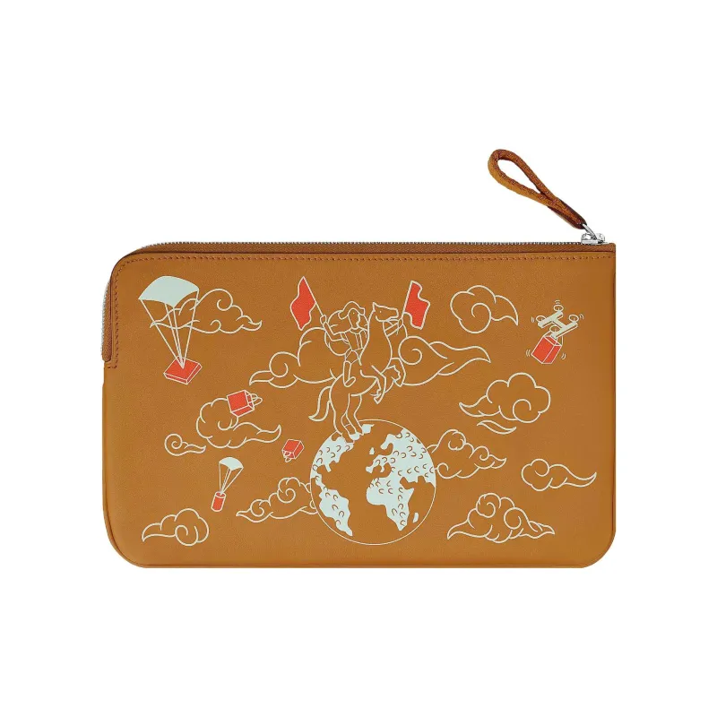 HERMES Carre Pocket Calfskin Clutch Women's Beige/White/Caramel-1