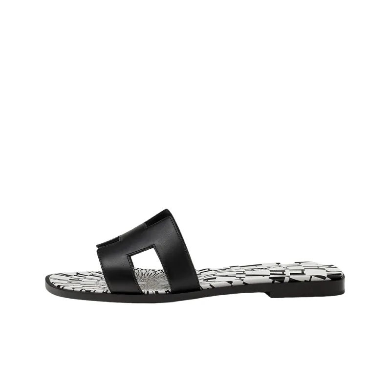 HERMES Oran Sandal Print Noir Calfskin Leather-0