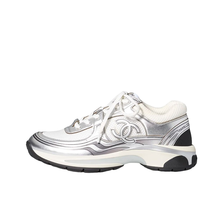 CHANEL CC Logo Sneakers White Silver Women s