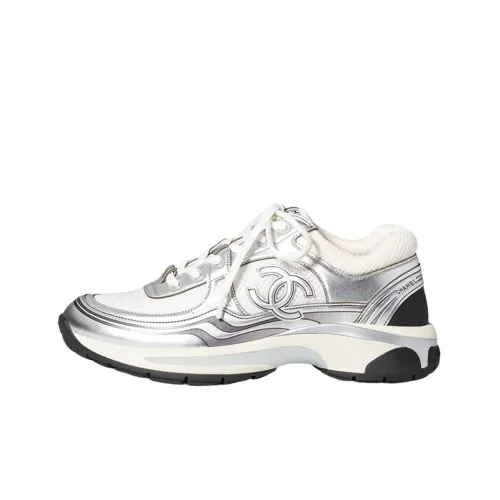 CHANEL CC Logo Sneakers White Silver Women's