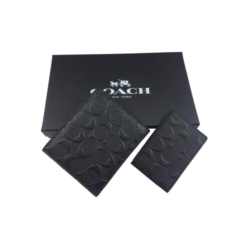 COACH Boxed Cross-Stitch Leather 3-in-1 Keychain Clip Wallet Gift Box Set Men's Black-1
