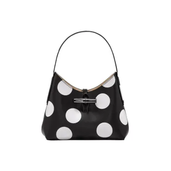 LONGCHAMP Roseau Calfskin Handbag, Shoulder Bag Women's Black & White