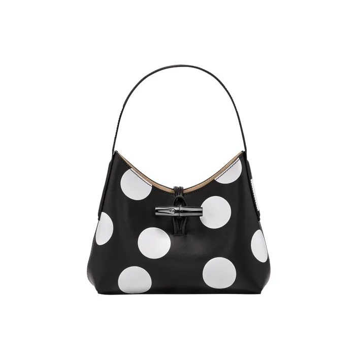 LONGCHAMP Roseau Calfskin Handbag, Shoulder Bag Women's Black & White-0