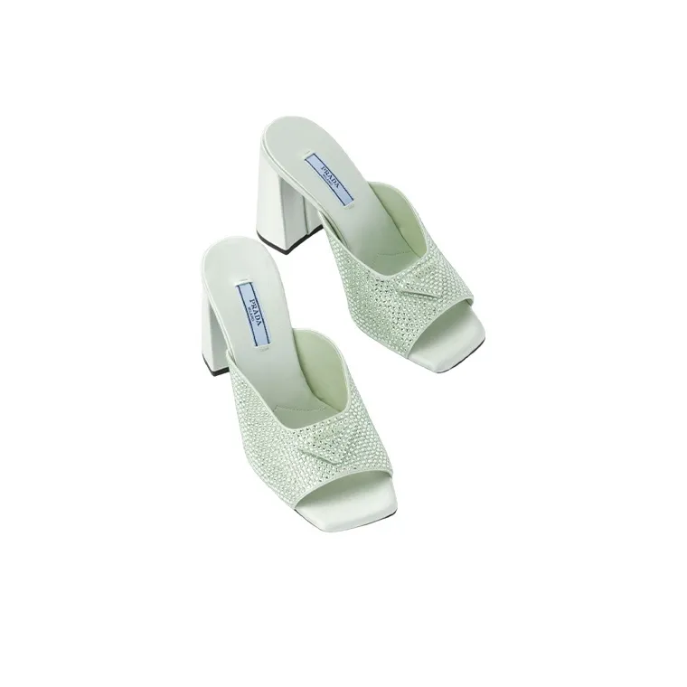 PRADA Crystal-studded High-heeled Satin Slides-3