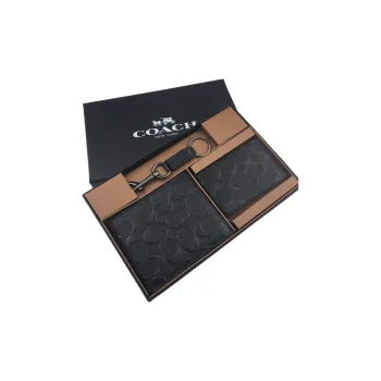COACH Boxed Cross-Stitch Leather 3-in-1 Keychain Clip Wallet Gift Box Set Men's Black