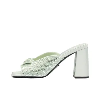 PRADA Crystal-studded High-heeled Satin Slides