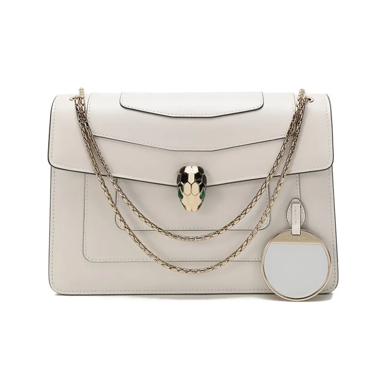 BVLGARI Serpenti Forever Cow Leather Snake Head Bag, Flap Bag, Chain Bag, Shoulder Bag Women's White-1