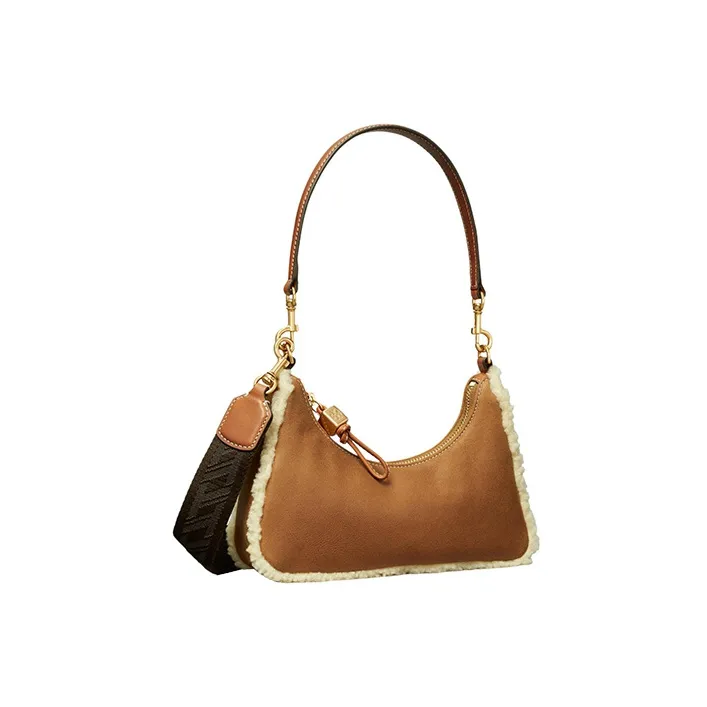 TORY BURCH 151 MERCER Suede With Sheepskin Trim Crescent Bag Portable Crossbody Bag Shoulder Bag Women's Brown-1