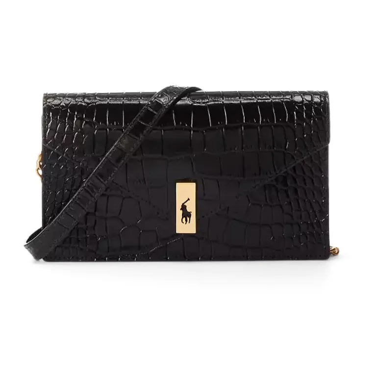 Polo Ralph Lauren Polo ID Leather Chain Wallet Handbag Crossbody Bag Shoulder Bag Women's Black-0
