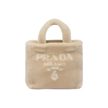 PRADA Shearling Plush Tote Bag, Shopping Bag, Shoulder Bag, Crossbody Bag, Handbag Women's Beige