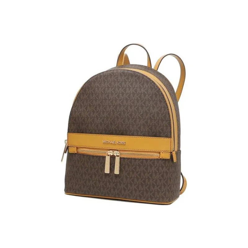 MICHAEL KORS Kenly Canvas-panelled Leather Detailing Backpack Medium Size Women's Brown And Yellow-1
